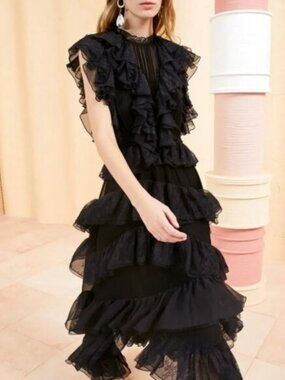 NWOT ULLA JOHNSON Apolline Silk Ruffled Midi Dress in Noir XS $1,090